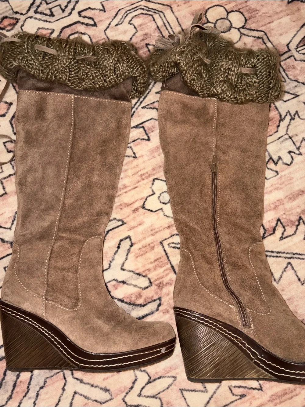 Suede brown tall wedge boots